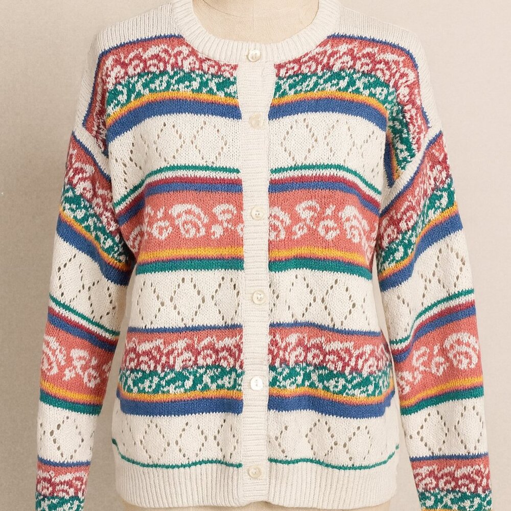 Vintage Chris Evert Size Large Cardigan Sweater Pink and White Button Down